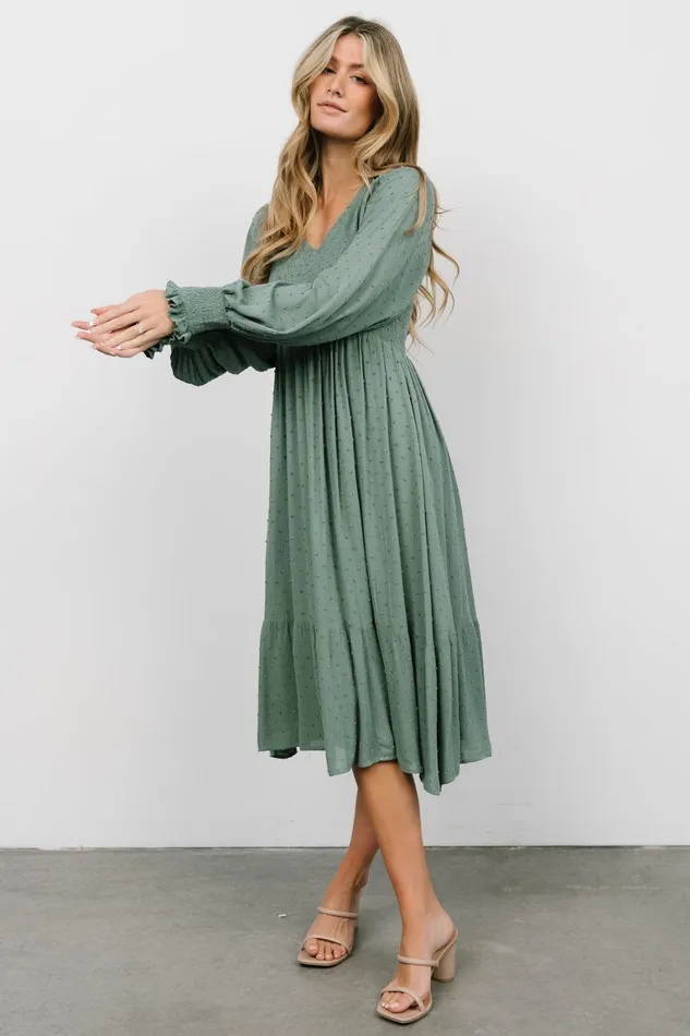 Lainey Smocked Dotted Midi Dress Dark Sage Women Baltic Born Bump Friendly Lainey Smocked Dotted Midi Dress Dark Sage Women Baltic Born Bump Friendly