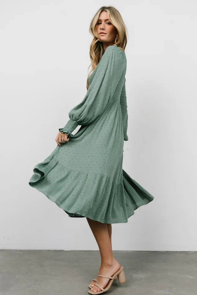 Lainey Smocked Dotted Midi Dress Dark Sage Women Baltic Born Bump Friendly Lainey Smocked Dotted Midi Dress Dark Sage Women Baltic Born Bump Friendly