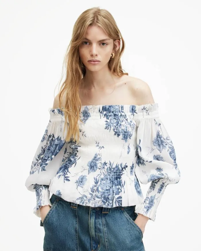 Lara Linen Silk Blend Floral Print Top Denim Blue Women AllSaints Tops and Shirts