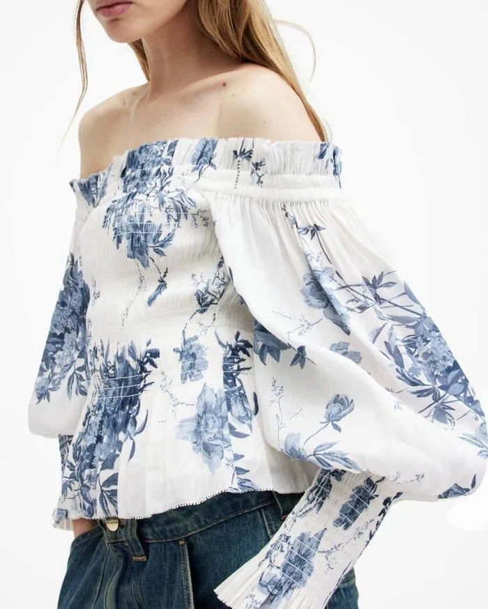 Lara Linen Silk Blend Floral Print Top Denim Blue Women AllSaints Tops and Shirts Lara Linen Silk Blend Floral Print Top Denim Blue Women AllSaints Tops and Shirts