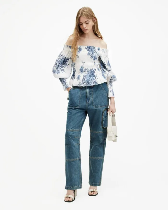 Lara Linen Silk Blend Floral Print Top Denim Blue Women AllSaints Tops and Shirts Lara Linen Silk Blend Floral Print Top Denim Blue Women AllSaints Tops and Shirts