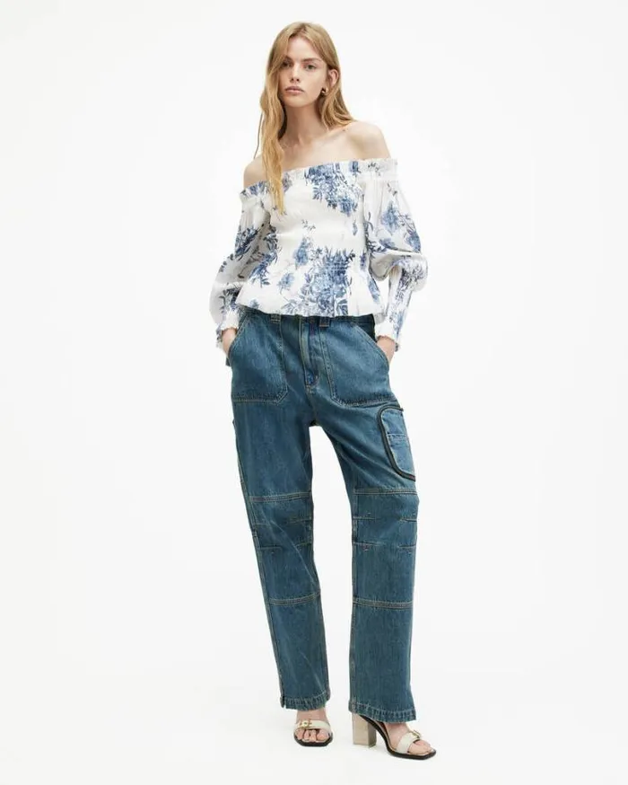 Lara Linen Silk Blend Floral Print Top Denim Blue Women AllSaints Tops and Shirts Lara Linen Silk Blend Floral Print Top Denim Blue Women AllSaints Tops and Shirts