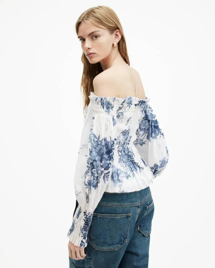 Lara Linen Silk Blend Floral Print Top Denim Blue Women AllSaints Tops and Shirts Lara Linen Silk Blend Floral Print Top Denim Blue Women AllSaints Tops and Shirts