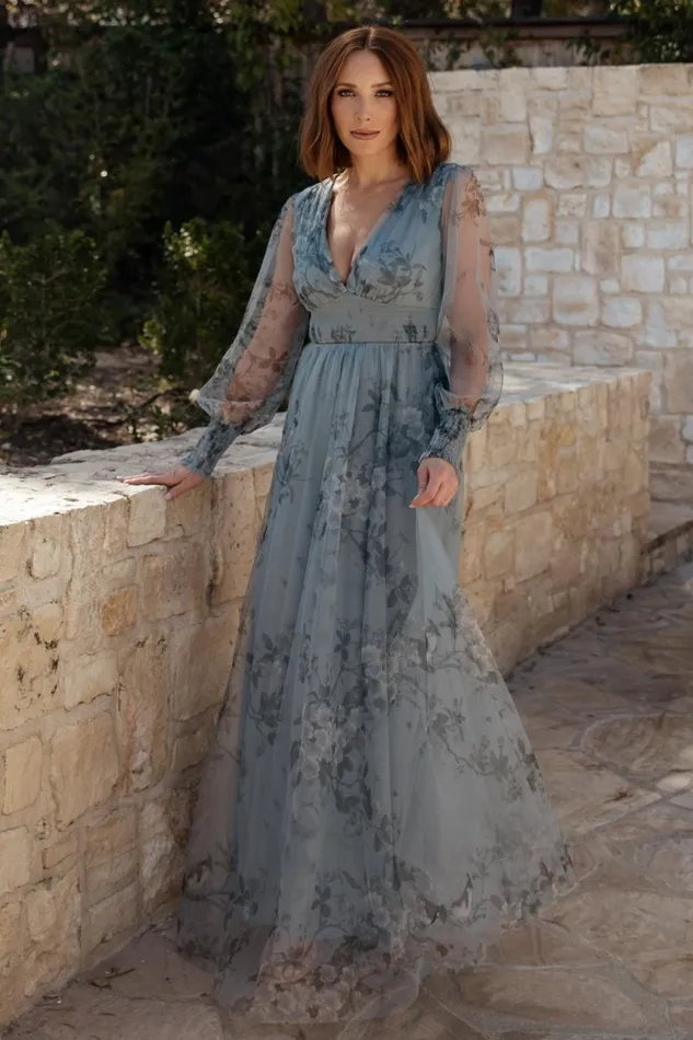 Layla Tulle Maxi Dress Dusty Blue Floral Women Baltic Born Tulle Styles