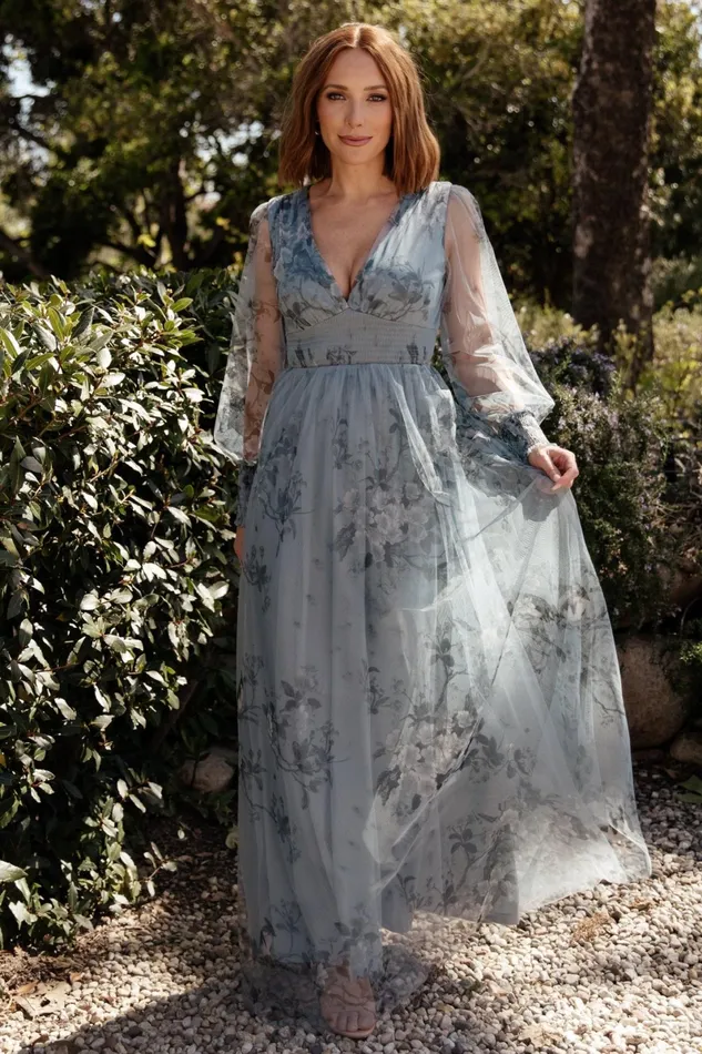 Layla Tulle Maxi Dress Dusty Blue Floral Women Baltic Born Tulle Styles