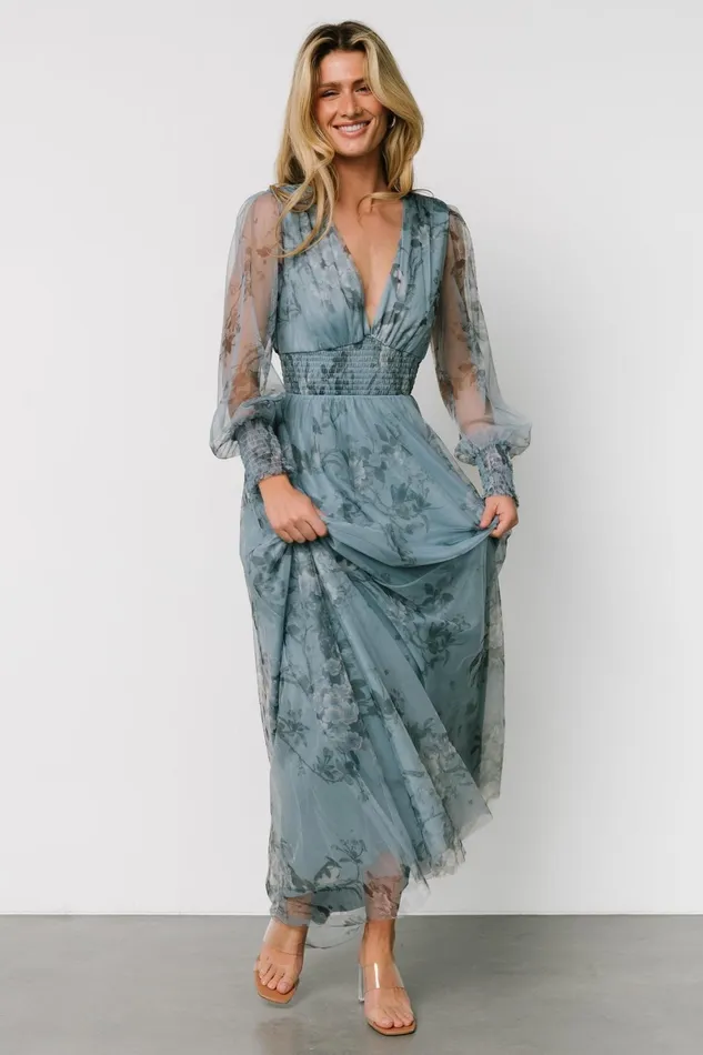 Layla Tulle Maxi Dress Dusty Blue Floral Women Baltic Born Tulle Styles
