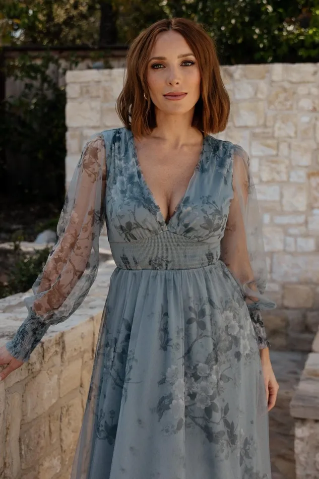 Layla Tulle Maxi Dress Dusty Blue Floral Women Baltic Born Tulle Styles