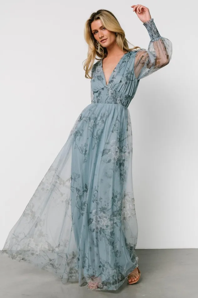 Layla Tulle Maxi Dress Dusty Blue Floral Women Baltic Born Tulle Styles