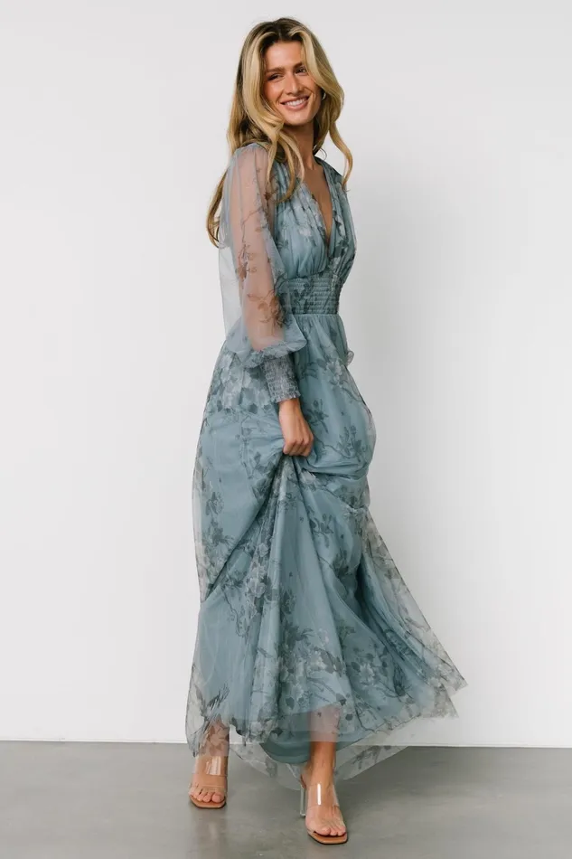 Layla Tulle Maxi Dress Dusty Blue Floral Women Baltic Born Tulle Styles