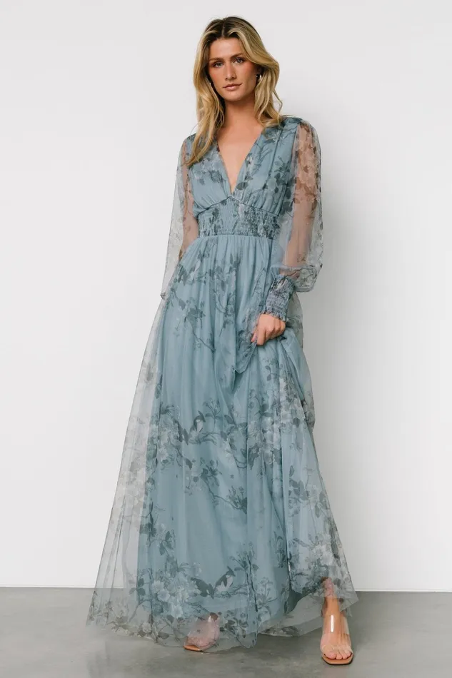 Layla Tulle Maxi Dress Dusty Blue Floral Women Baltic Born Tulle Styles
