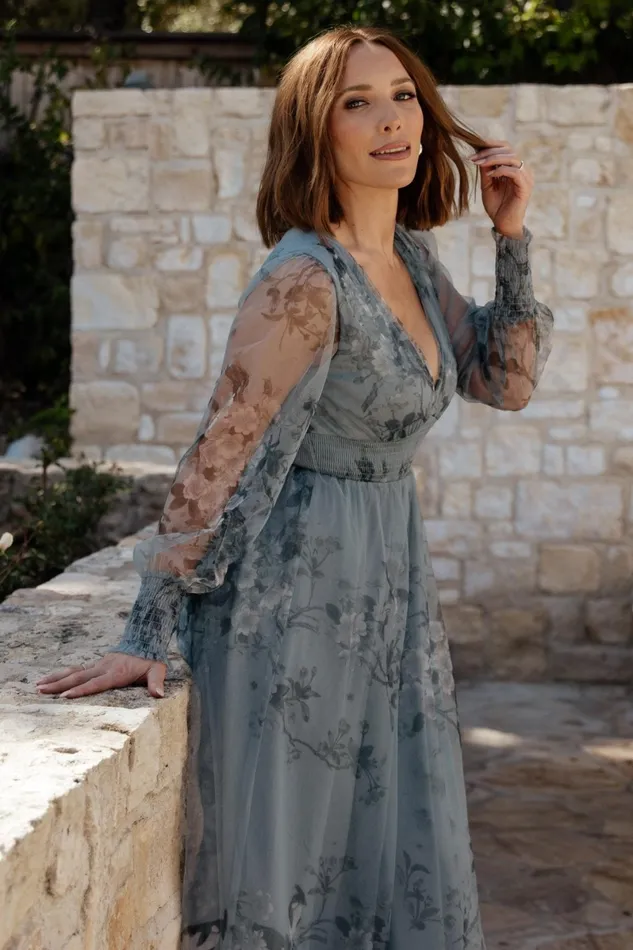 Layla Tulle Maxi Dress Dusty Blue Floral Women Baltic Born Tulle Styles