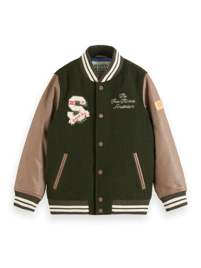 LEATHER VARSITY JACKET Heritage Green Kids Scotch and Soda Jackets and Coats