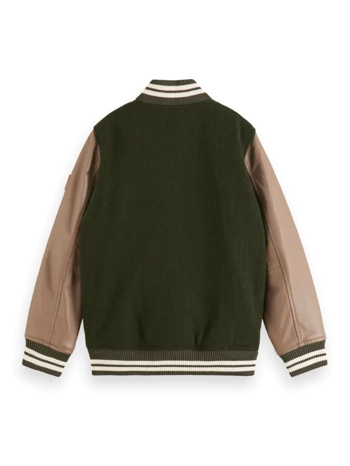 LEATHER VARSITY JACKET Heritage Green Kids Scotch and Soda Jackets and Coats LEATHER VARSITY JACKET Heritage Green Kids Scotch and Soda Jackets and Coats