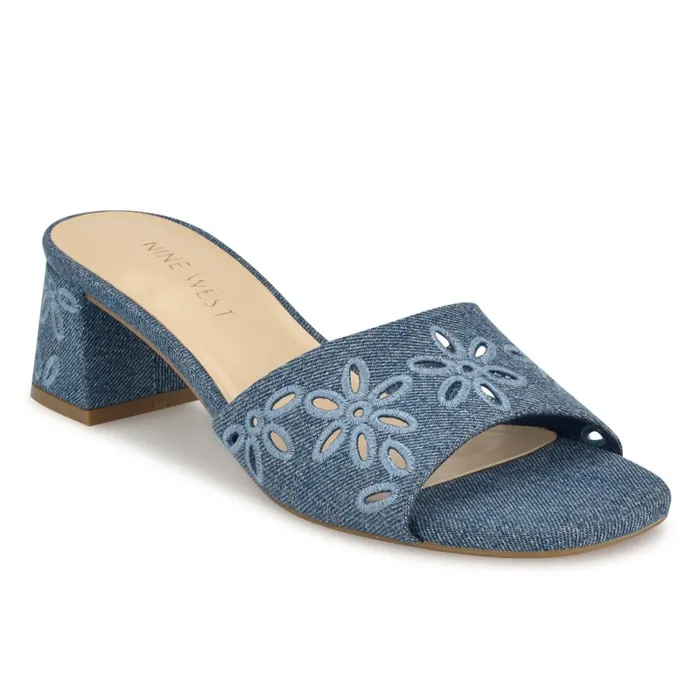 Lidey Eyelet Slide Sandals Denim Women Nine West Low Heel Lidey Eyelet Slide Sandals Denim Women Nine West Low Heel