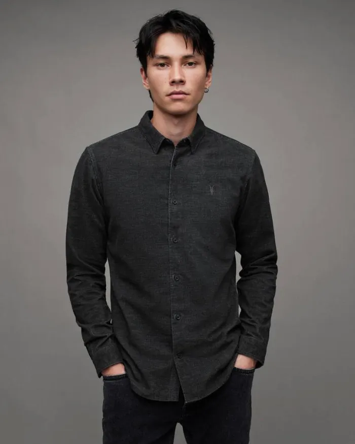 Lorella Corduroy Ramskull Slim Fit Shirt Jet Black Men AllSaints Shirts