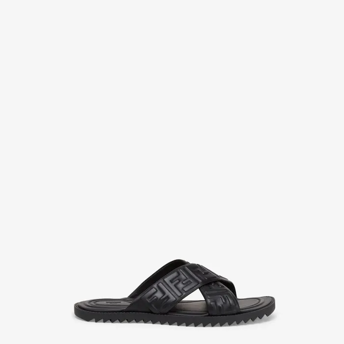 Man Black Leather Slides Black Fendi Slides and Sandals