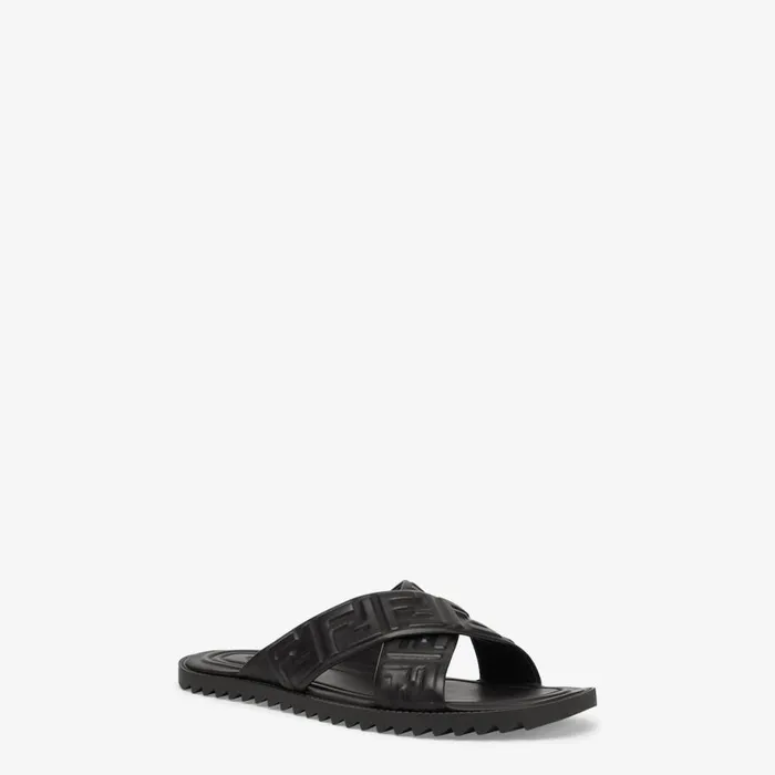 Man Black Leather Slides Black Fendi Slides and Sandals