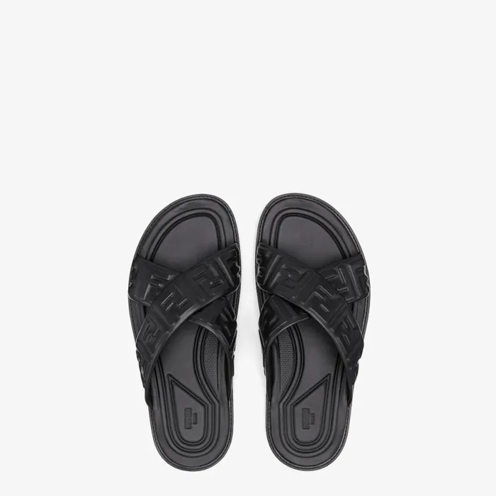 Man Black Leather Slides Black Fendi Slides and Sandals