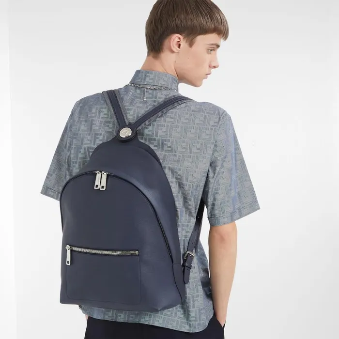 Man Dark Blue Leather Backpack Blue Fendi Backpacks