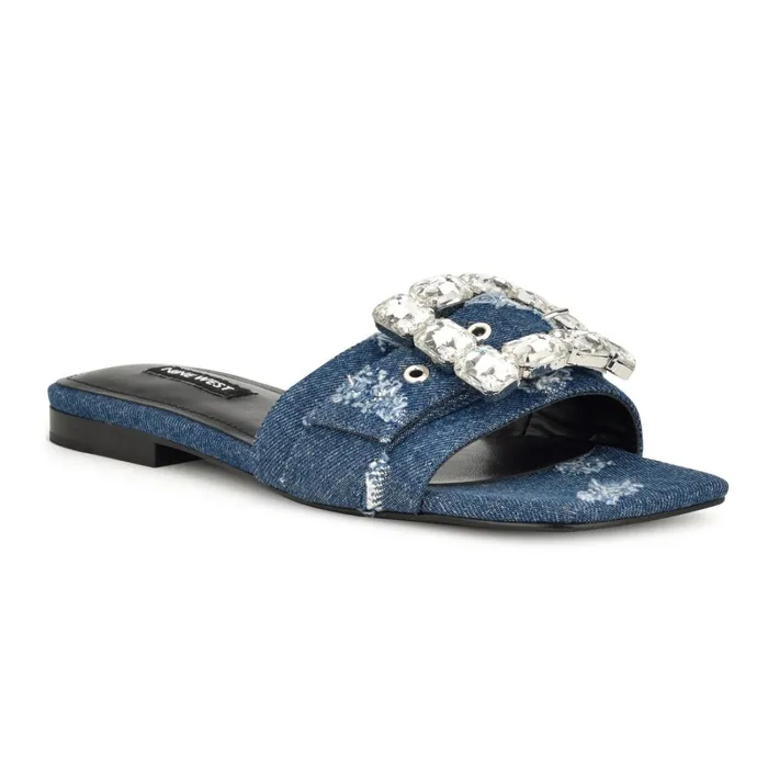 Matter Buckle Flat Sandals Dark Denim Women Nine West Casual