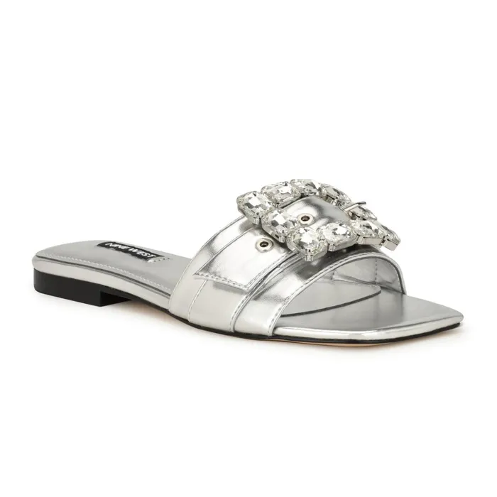 Matter Buckle Flat Sandals Silver Women Nine West Casual Matter Buckle Flat Sandals Silver Women Nine West Casual