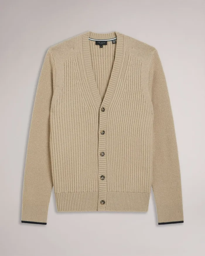 Men ALMAN 8211 Ribbed Wool Cardigan Taupe Ted Baker Jumpers and Knitwear