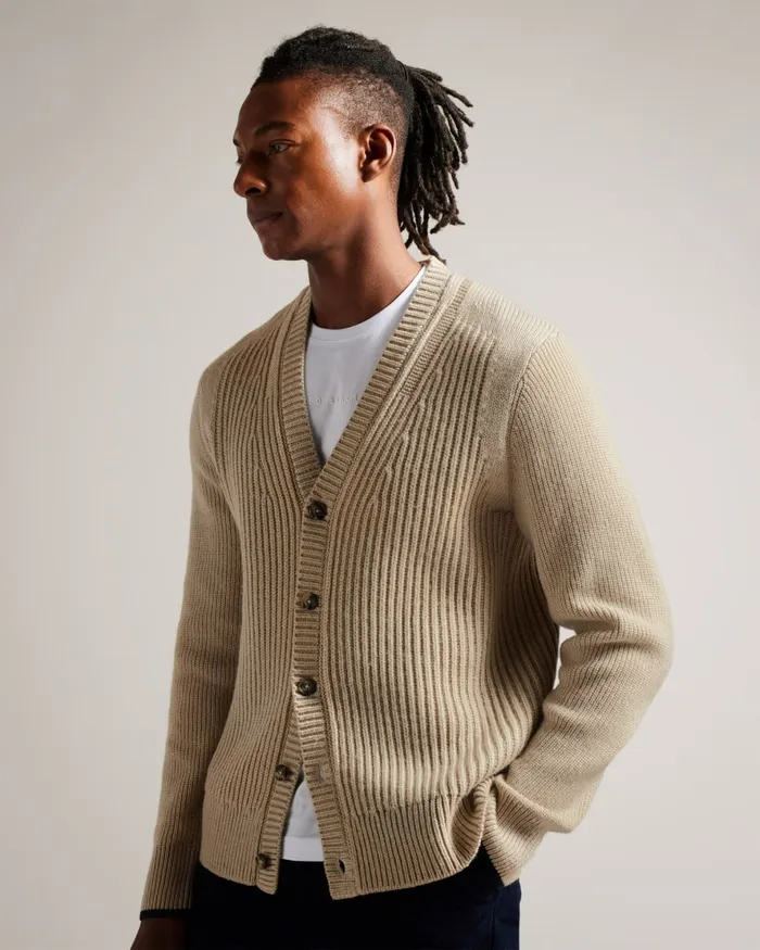 Men ALMAN 8211 Ribbed Wool Cardigan Taupe Ted Baker Jumpers and Knitwear Men ALMAN 8211 Ribbed Wool Cardigan Taupe Ted Baker Jumpers and Knitwear