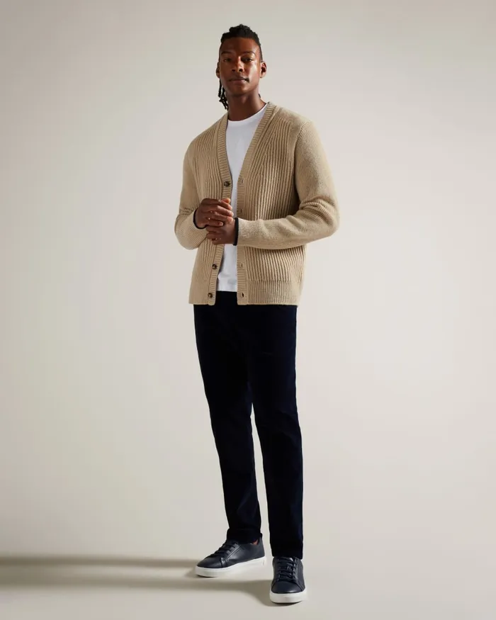 Men ALMAN 8211 Ribbed Wool Cardigan Taupe Ted Baker Jumpers and Knitwear Men ALMAN 8211 Ribbed Wool Cardigan Taupe Ted Baker Jumpers and Knitwear