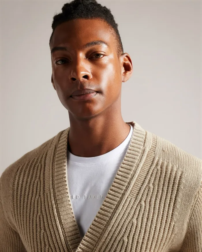 Men ALMAN 8211 Ribbed Wool Cardigan Taupe Ted Baker Jumpers and Knitwear Men ALMAN 8211 Ribbed Wool Cardigan Taupe Ted Baker Jumpers and Knitwear