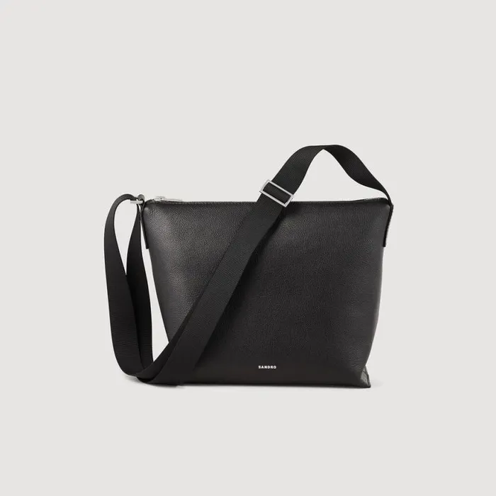 Men Crossbody Bags SANDRO Grained Leather Satchel Black