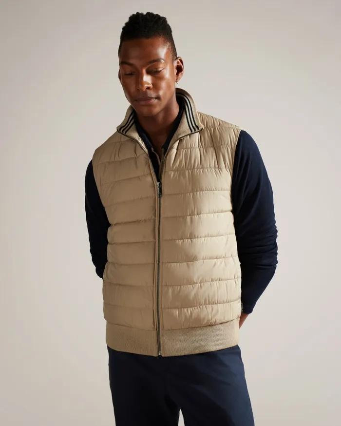 Men DEJAS 8211 Funnel Neck Gilet With Knitted Back Natural Ted Baker Jumpers and Knitwear Men DEJAS 8211 Funnel Neck Gilet With Knitted Back Natural Ted Baker Jumpers and Knitwear