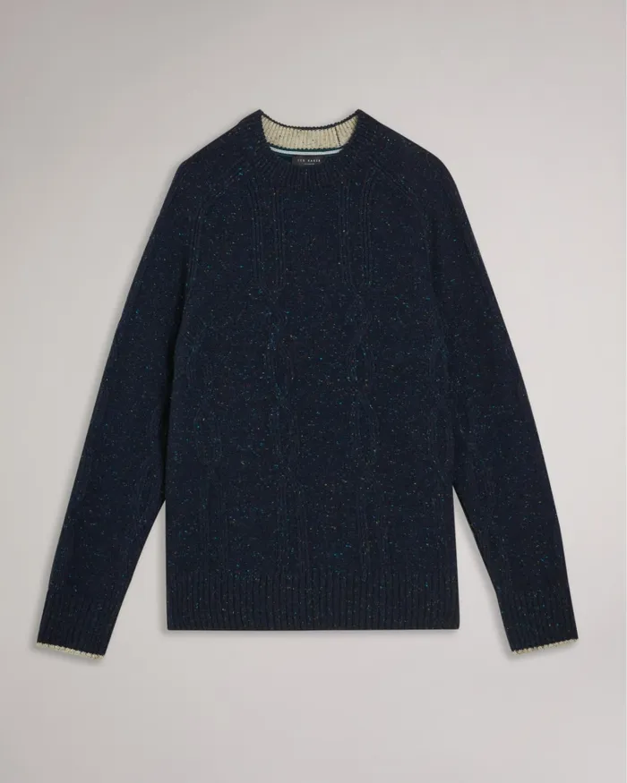 Men ENROE 8211 Crew Neck Jumper With Cable Detail Navy Ted Baker Jumpers and Knitwear