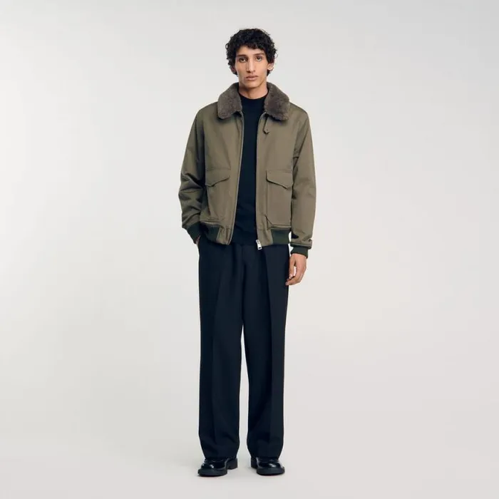 Men Jackets SANDRO Fur Collar Jacket Olive Green