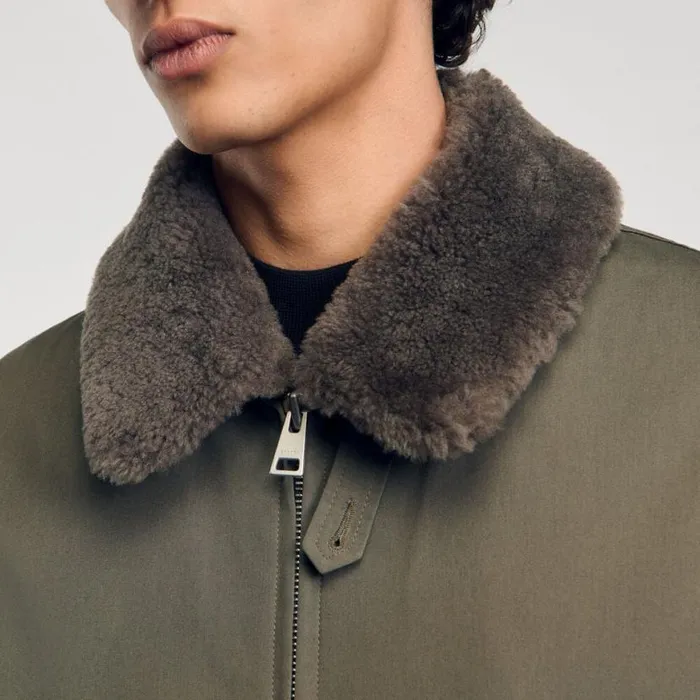 Men Jackets SANDRO Fur Collar Jacket Olive Green