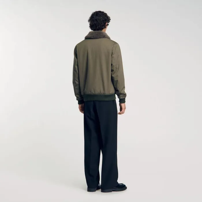 Men Jackets SANDRO Fur Collar Jacket Olive Green