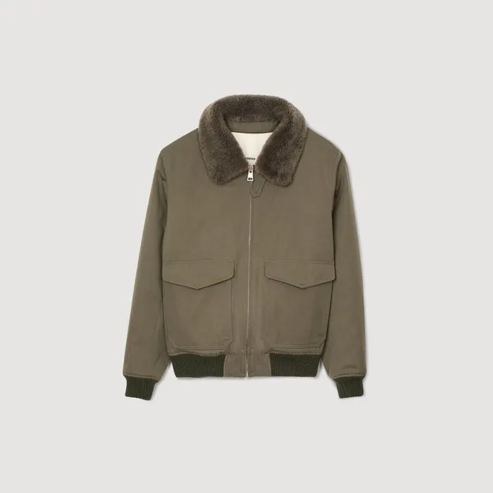 Men Jackets SANDRO Fur Collar Jacket Olive Green