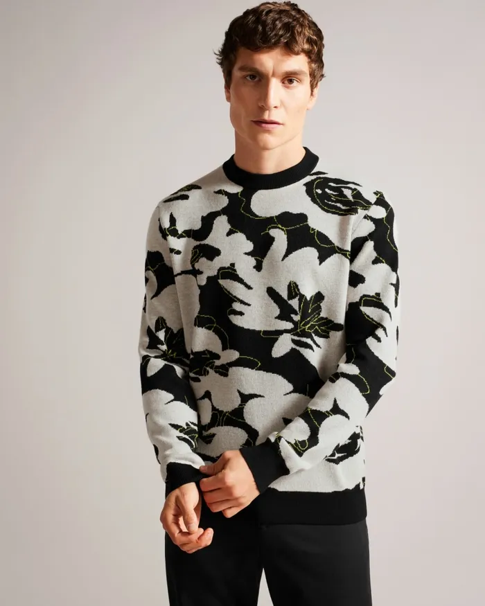 Men OZIER 8211 Floral Merino Wool Jumper Black Ted Baker Jumpers and Knitwear