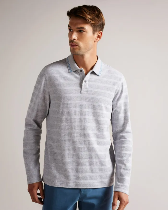 Men PENINE 8211 Long Sleeve Textured Stripe Polo Shirt Greymarl Ted Baker Polo Shirts Men PENINE 8211 Long Sleeve Textured Stripe Polo Shirt Greymarl Ted Baker Polo Shirts