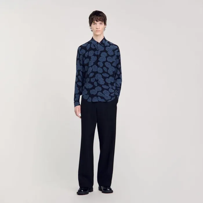 Men Shirts SANDRO Camellia Motif Shirt Black