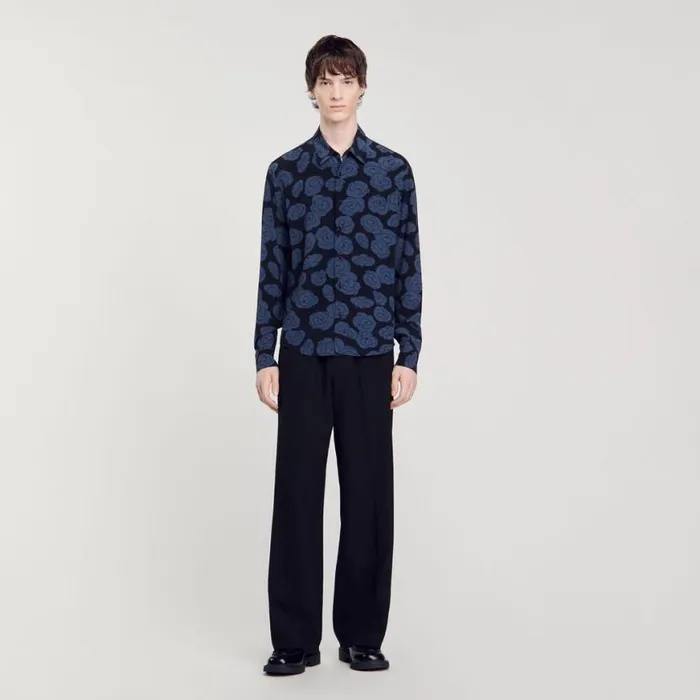 Men Shirts SANDRO Camellia Motif Shirt Black