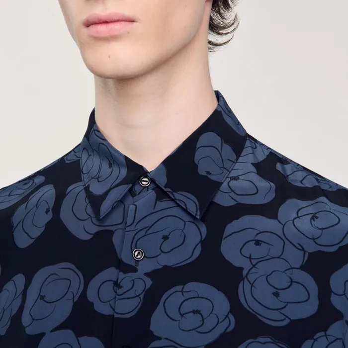 Men Shirts SANDRO Camellia Motif Shirt Black