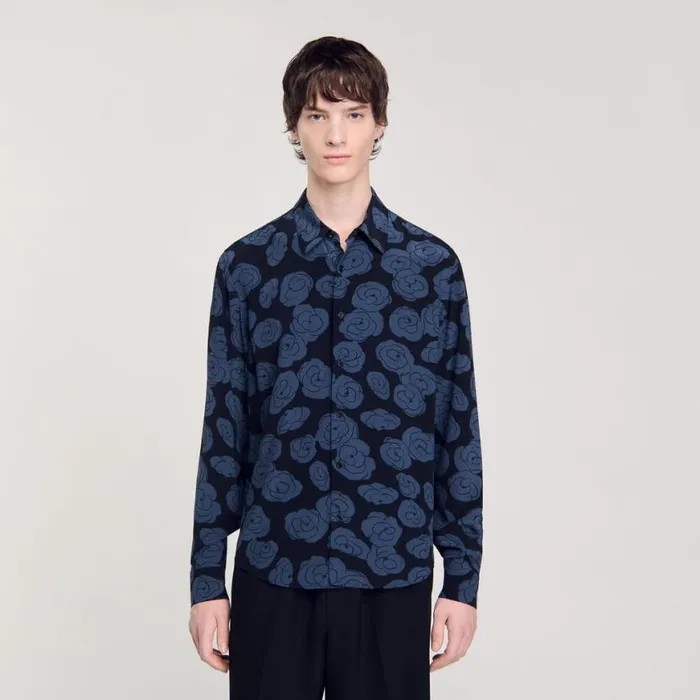 Men Shirts SANDRO Camellia Motif Shirt Black