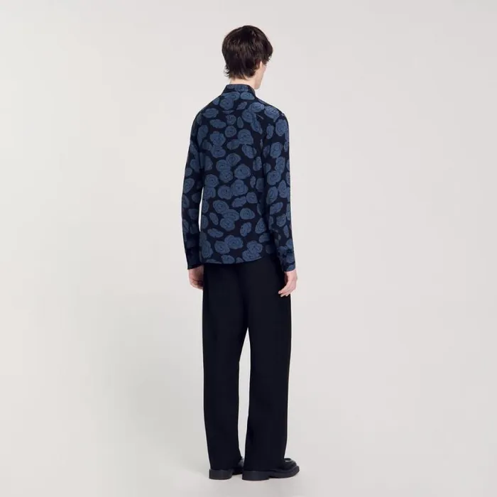 Men Shirts SANDRO Camellia Motif Shirt Black