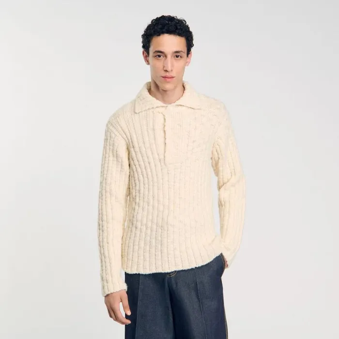 Men Sweaters and Cardigans SANDRO Chunky Knit Polo Neck Jumper Beige