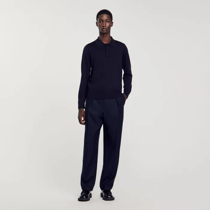 Men Sweaters and Cardigans SANDRO Fine Knit Polo Shirt Navy Blue