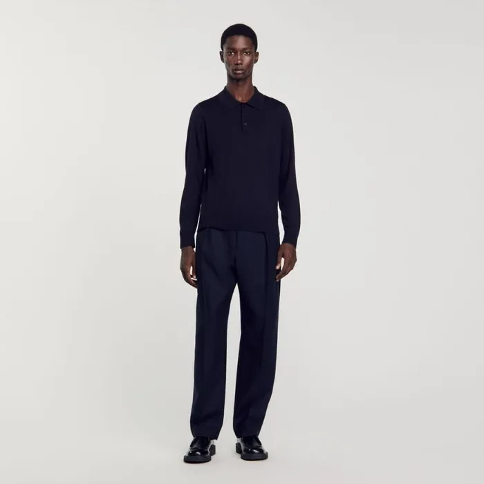 Men Sweaters and Cardigans SANDRO Fine Knit Polo Shirt Navy Blue