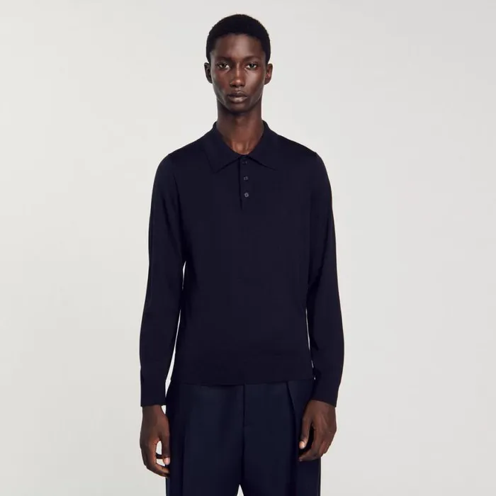 Men Sweaters and Cardigans SANDRO Fine Knit Polo Shirt Navy Blue