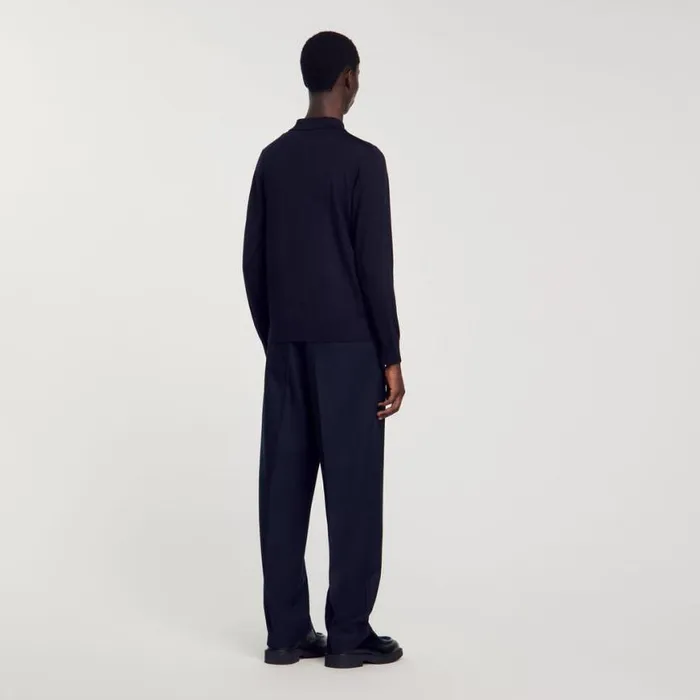 Men Sweaters and Cardigans SANDRO Fine Knit Polo Shirt Navy Blue