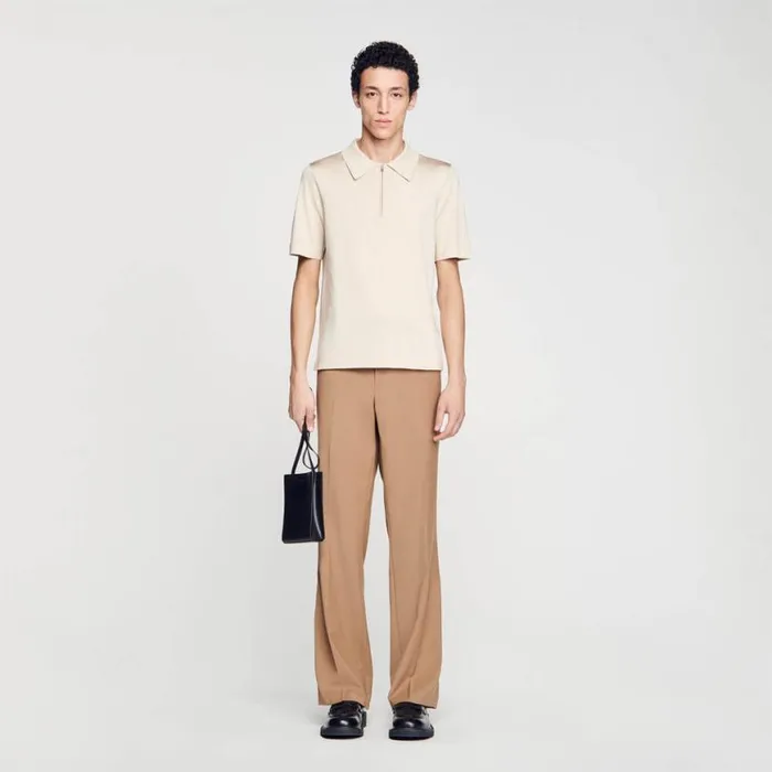 Men Sweaters and Cardigans SANDRO Knitted Polo Shirt With Zip Collar Light Sand