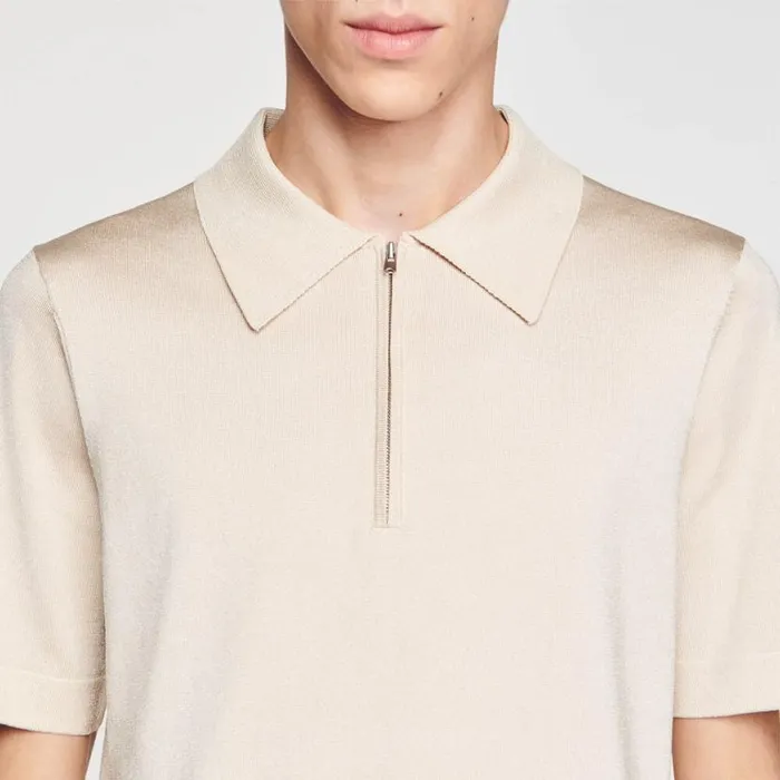 Men Sweaters and Cardigans SANDRO Knitted Polo Shirt With Zip Collar Light Sand